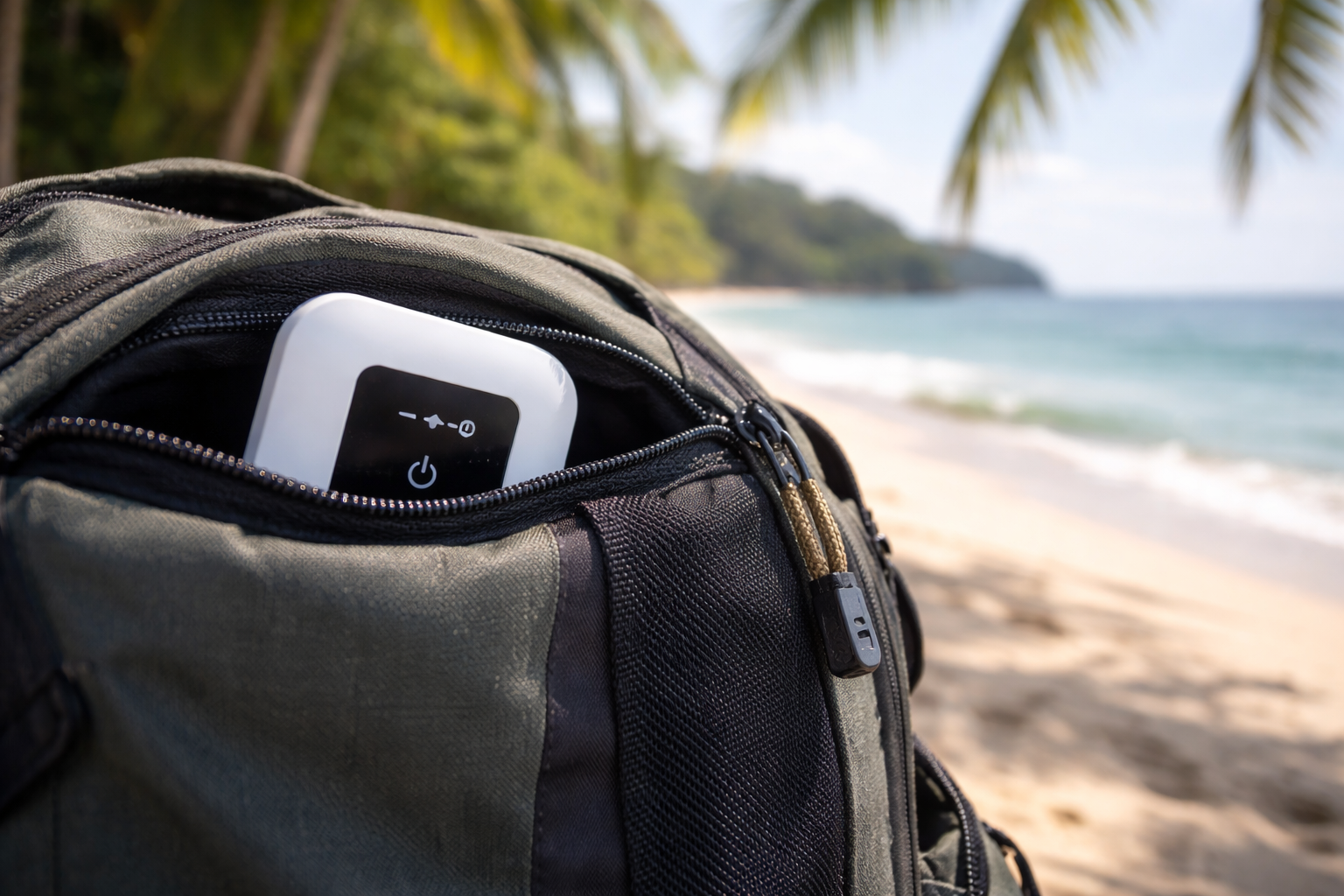 Portable hotspot in backpack beach